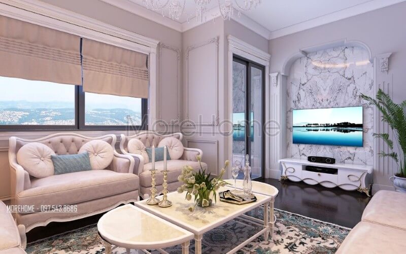 Mẫu sofa phòng khách gỗ tự nhiên với tone màu trắng chủ đạo mang đến một không gian tiếp khách sang trọng và tinh tế. sofa tân cổ điển