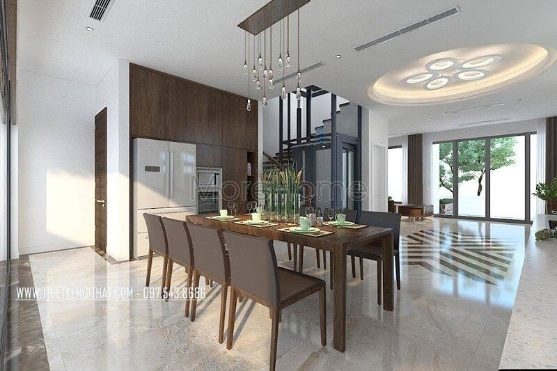 Thiết kế nội thất phòng ăn biệt thự hiện đại với sự xuất hiện của bộ bàn ăn 8 ghế tạo điểm nhấn nổi bật cuốn hút