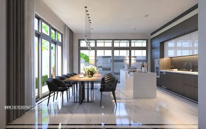 Trang trí nội thất phòng ăn hiện đại nhưng đẹp thông thoáng bởi ý tưởng tạo nên không gian mở từ hệ cửa kính rộng, lớn.