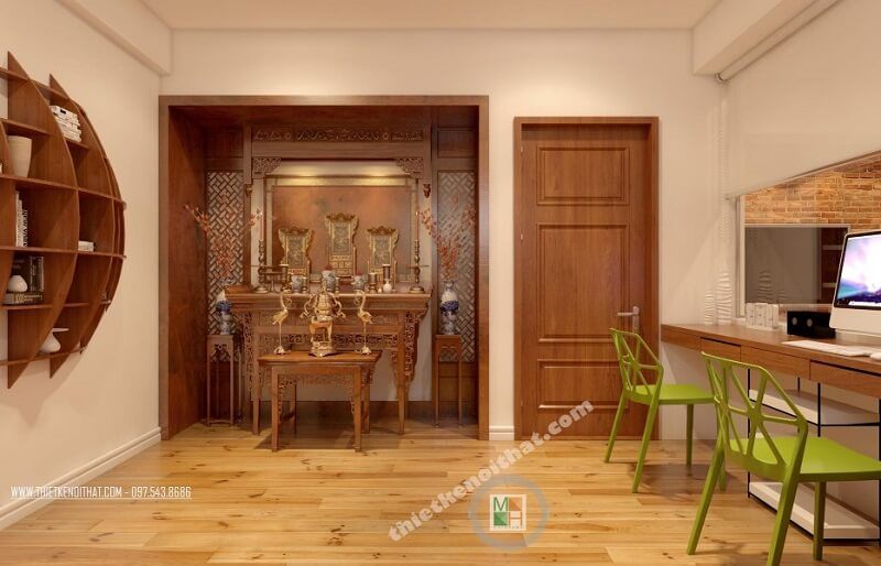 Thiết kế nội thất phòng thờ chung cư CT4 Mỹ Đình đẹp với đồ nội thất gỗ tông màu nâu sáng.