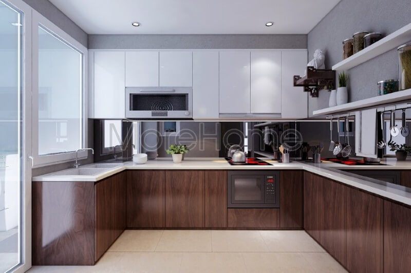 Căn bếp muốn đẹp thì mọi đồ nội thất phải có mối liên kết với nhau. MoreGlass tư vấn sử dụng kính ốp màu nâu cùng với màu của tủ bếp trọn vẹn, tinh tế.