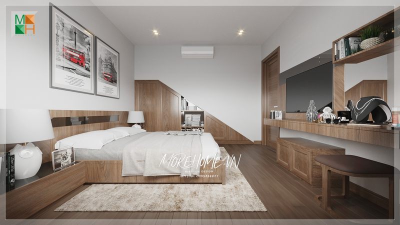 Kệ tủ tivi treo tường sang trọng góp phần đóng vai trò là điểm nhấn giúp không gian phòng ngủ trở nên độc đáo, hài hòa hơn.