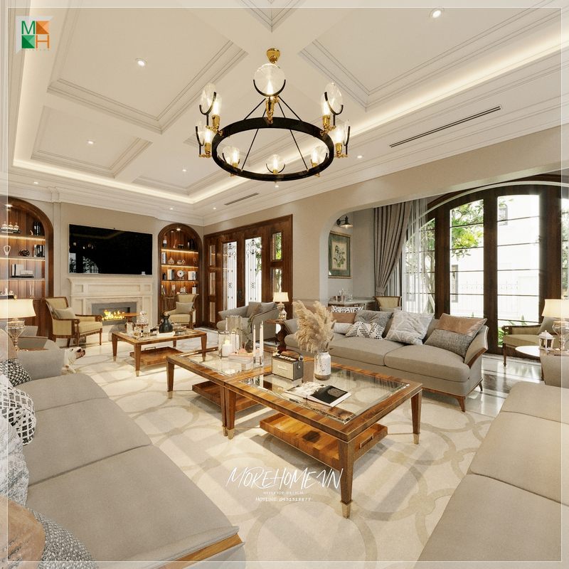Bộ ghế sofa và bàn trà kết hợp lại cùng nhau giúp tạo nên sự sang trọng và ấn tượng cho không gian căn phòng.