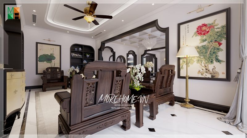 Khi thấy mẫu thiết kế phòng khách có phong cách thiết kế Indochine của đội ngũ KTS của Morehome, người ta đã rất ấn tượng.