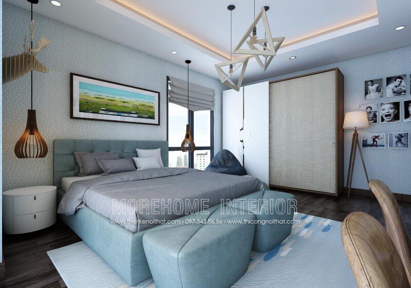 Giường ngủ gỗ sồi nhập khẩu được bọc da cao cấp với gam màu xanh sang trọng, mang lại phong cách hiện đại.